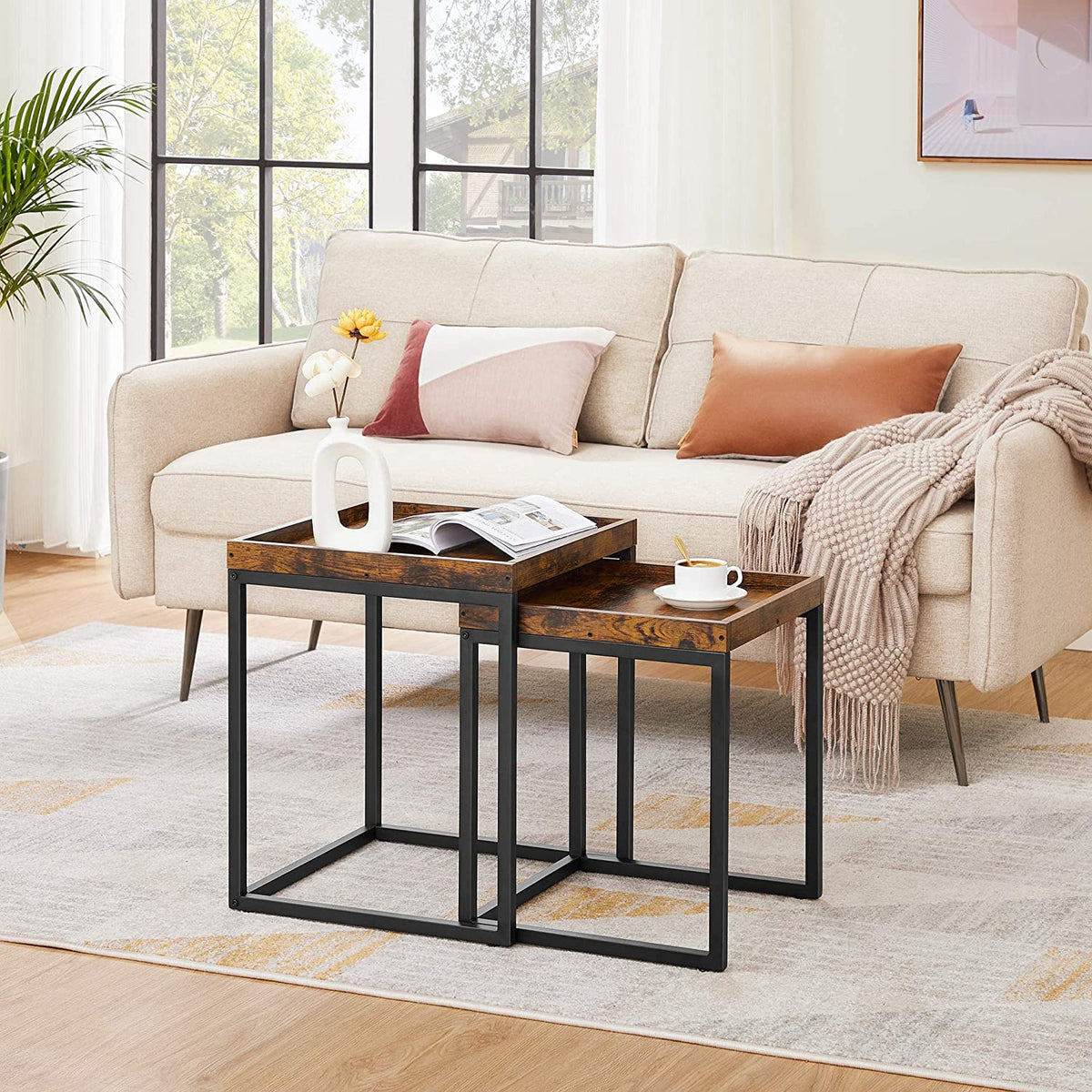 Rustic Brown and Black Nesting Tables with Raised Edges – Set of 2