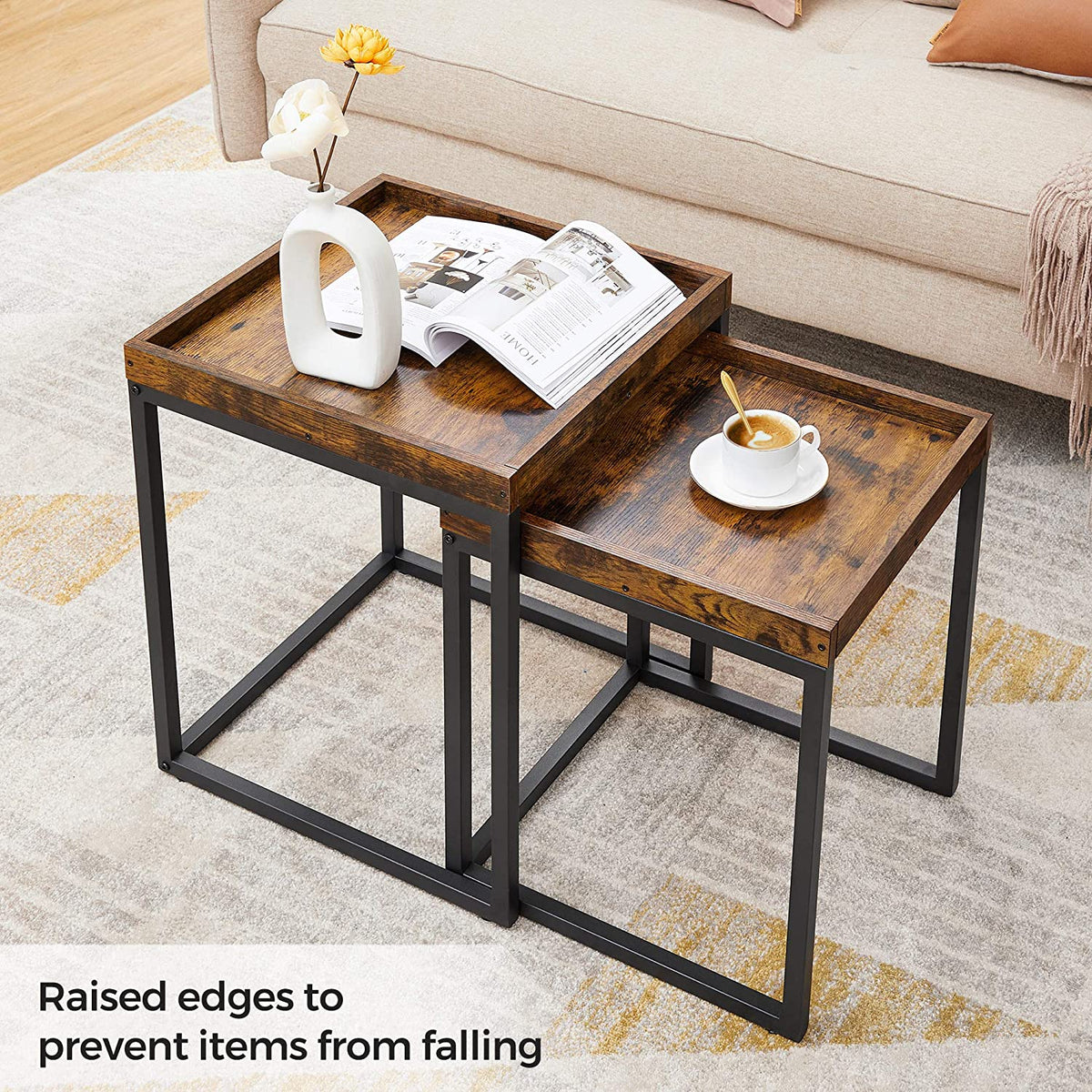 Rustic Brown and Black Nesting Tables with Raised Edges – Set of 2