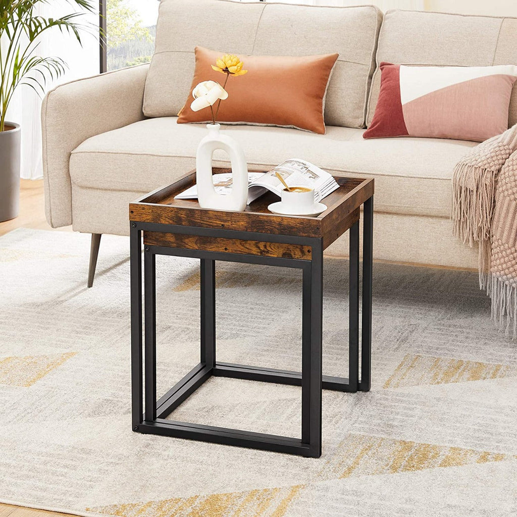 Rustic Brown and Black Nesting Tables with Raised Edges – Set of 2