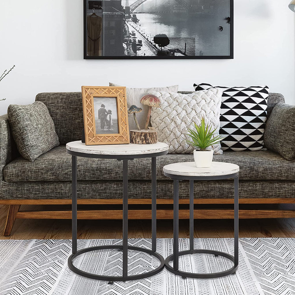 Industrial Round Nesting Tables with Steel Frames – Set of 2