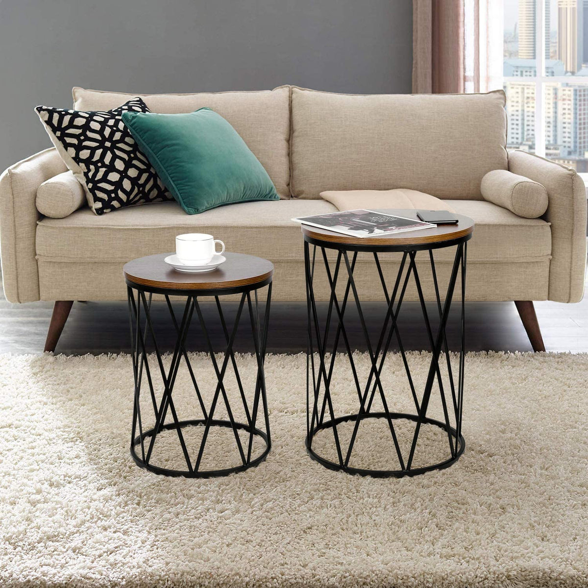 Brown Wood and Metal Nesting Tables – Set of 2